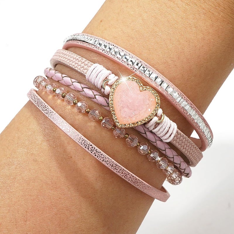 Suyi Multilayer Leather Wrap Bracelet Heart-Shape Wide Cuff Bracelets for Women - Image 3